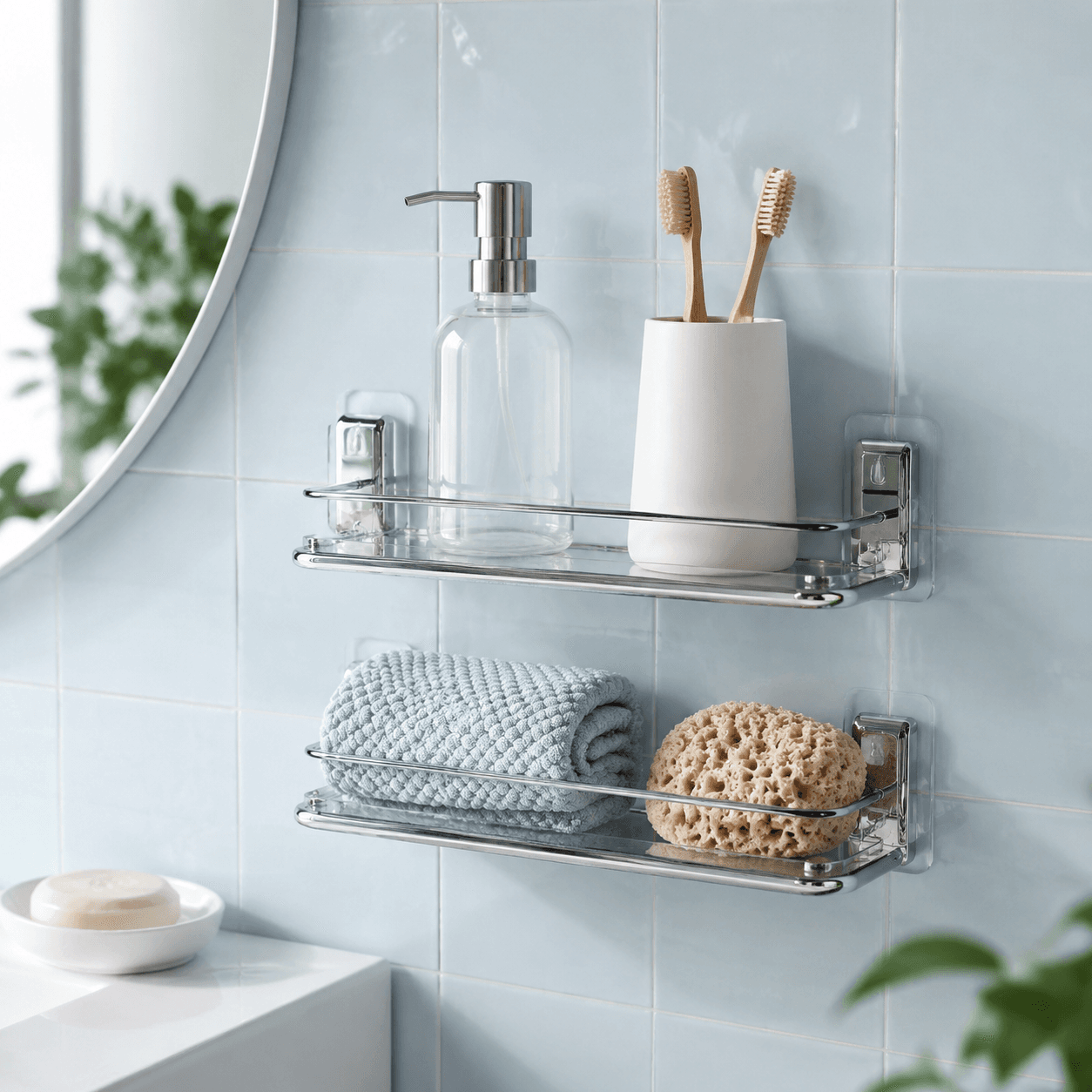 No-Drill Bathroom Storage Set arranged in a bright bathroom