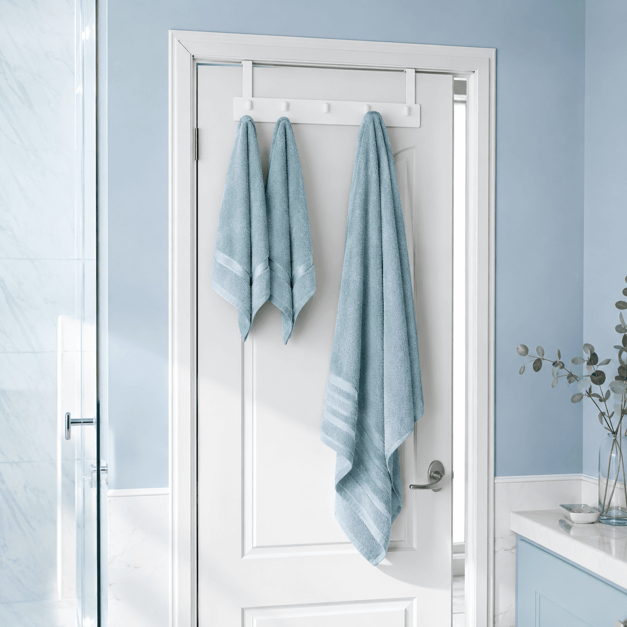 Over-Door Towel & Robe Set arranged in a bright bathroom
