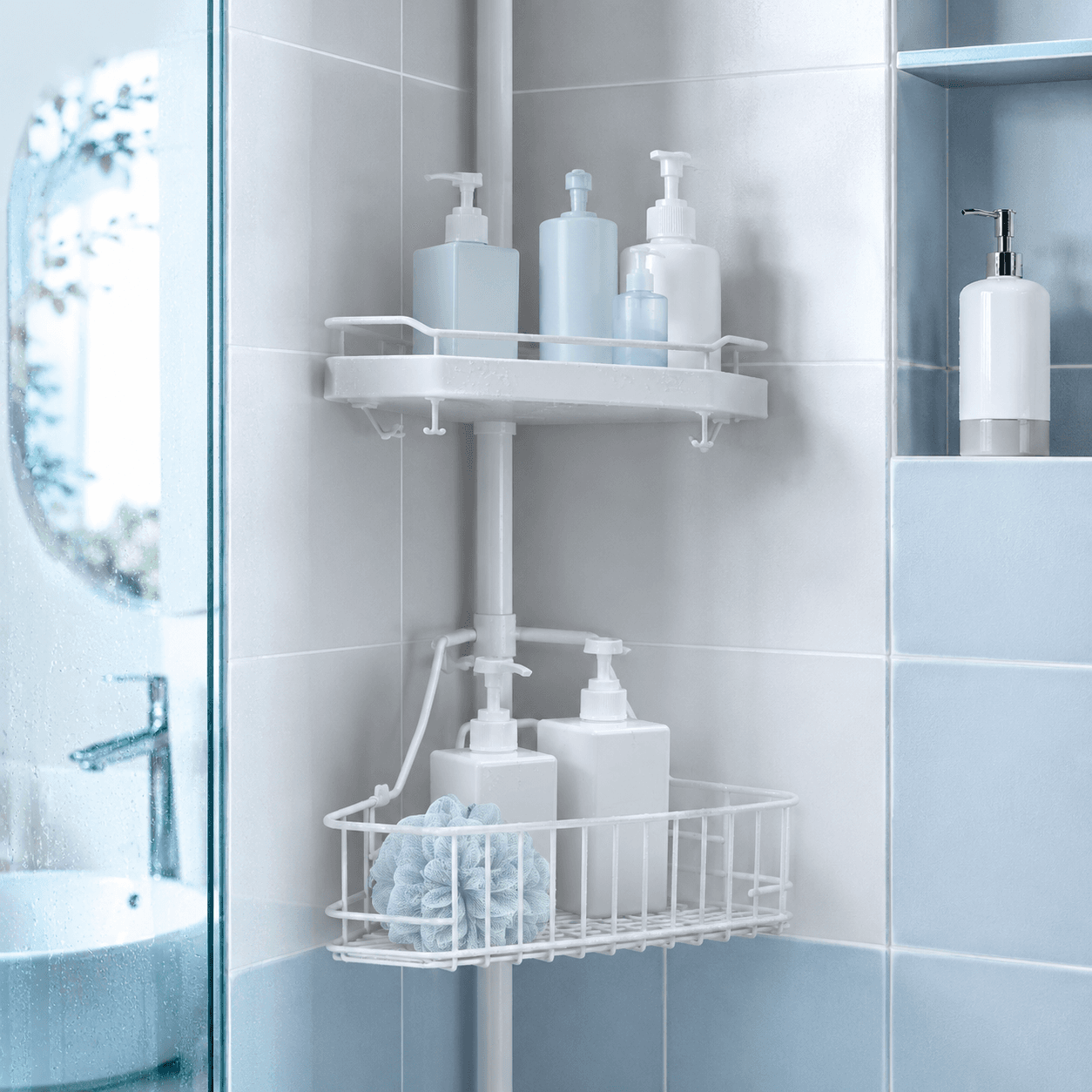 Shower Caddy Duo arranged in a bright bathroom