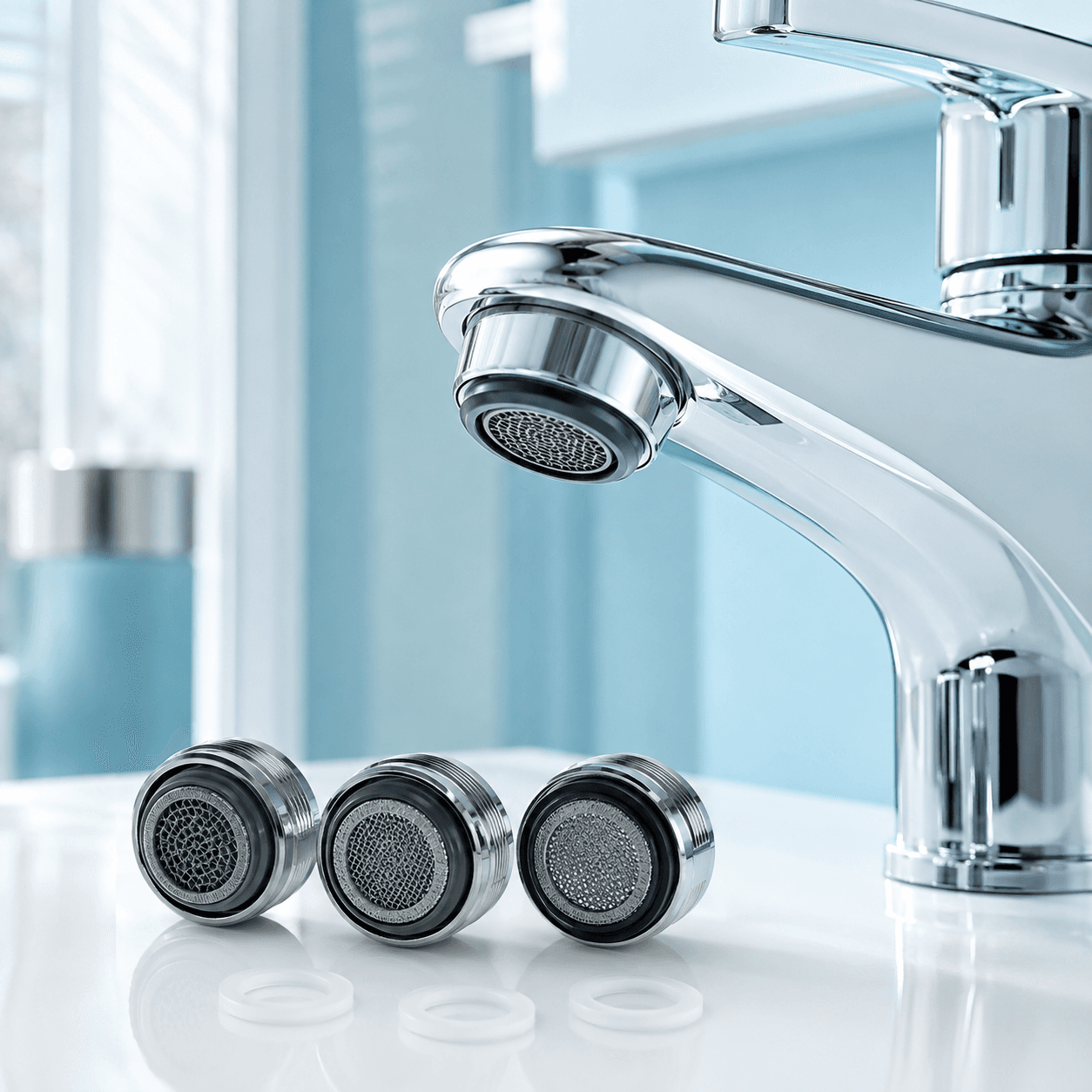 Tap Aerator Refresh Set arranged in a bright bathroom