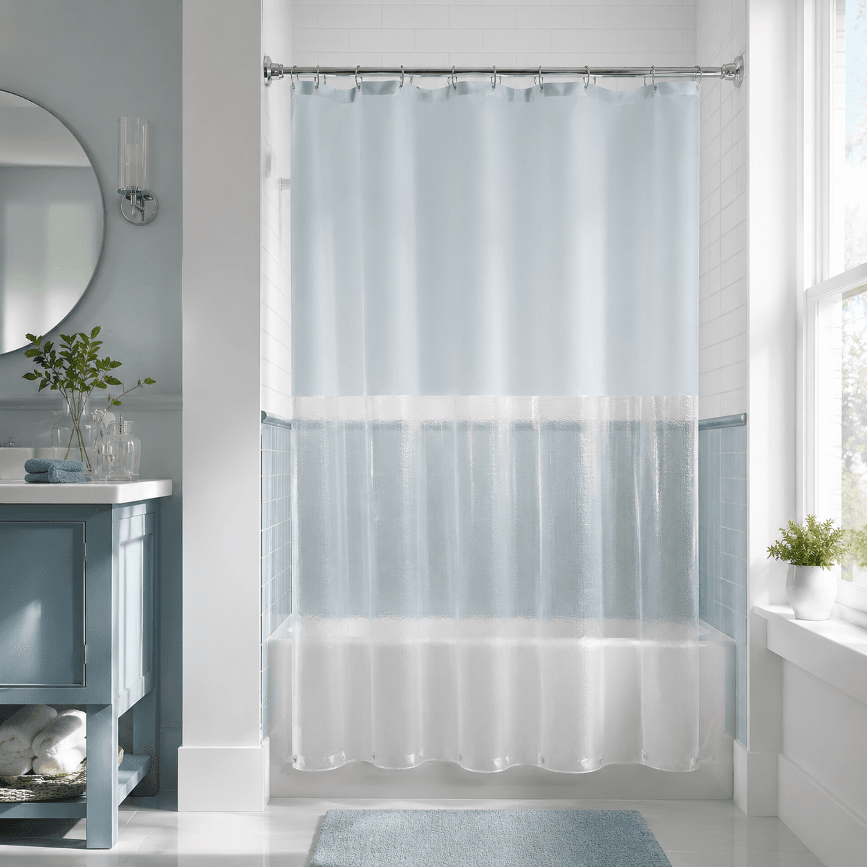 Tension Shower Curtain Set arranged in a bright bathroom