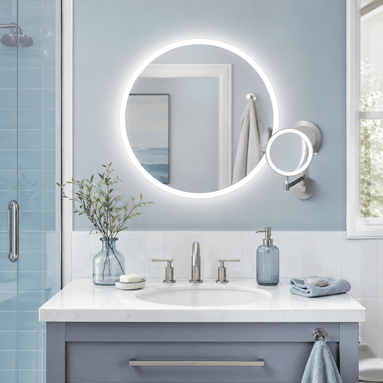Vanity Mirror Set arranged in a bright bathroom