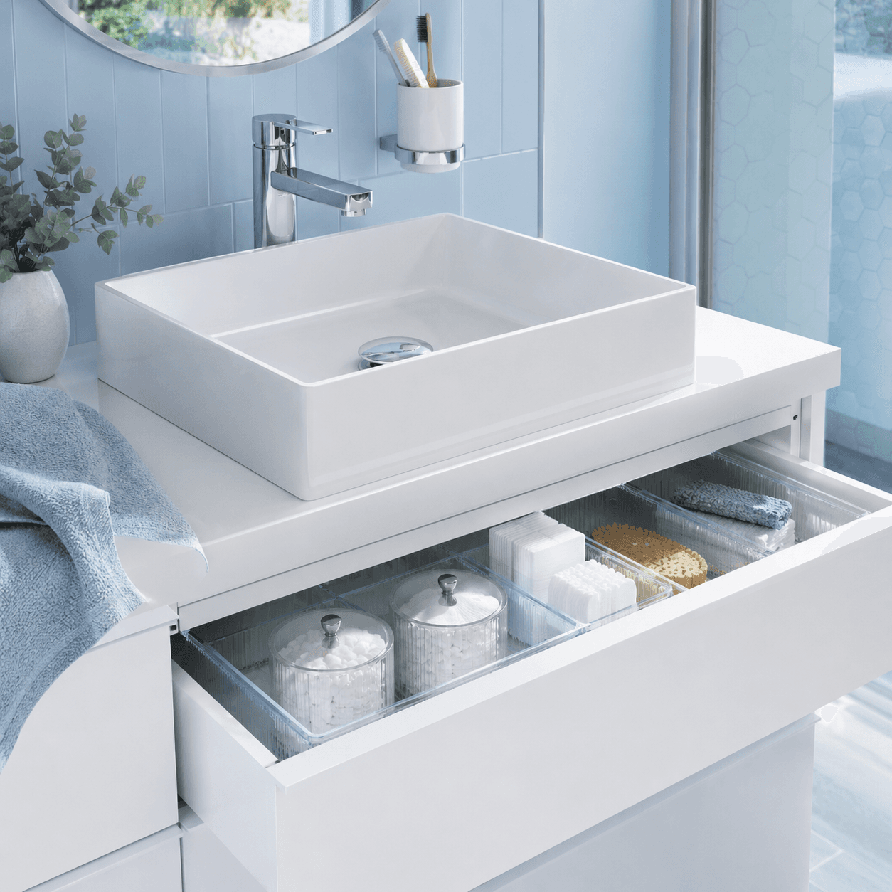 Vanity Organiser Set arranged in a bright bathroom